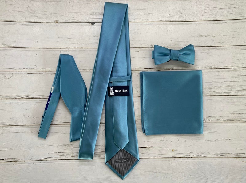 KissTies Mens Dusty Blue Tie Solid Wedding Necktie + Gift Box - Image 4